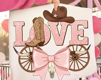Western Love PNG, Cowgirl Valentine Design with Pink Bow and Boots, Rustic Romance Sublimation