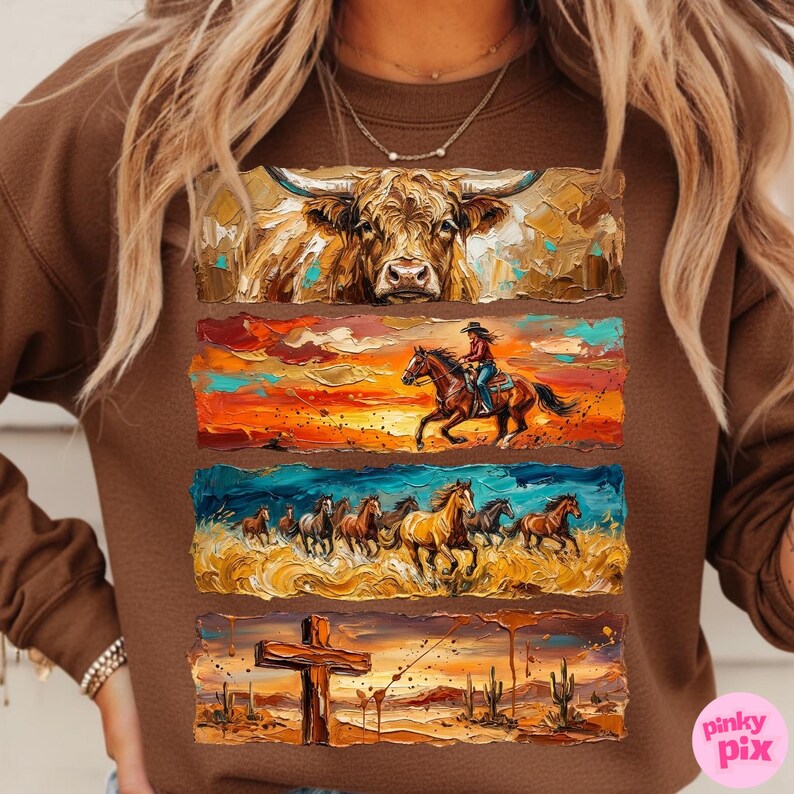 May include: Brown sweatshirt featuring four rectangular panels with Western-themed art. The panels depict a longhorn, a cowgirl on horseback, a herd of horses, and a cross in a desert landscape. The sweatshirt has a crew neck.