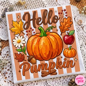 Hej pumpa PNG: Randig höst, boho blommig lövdesign, digital nedladdning
