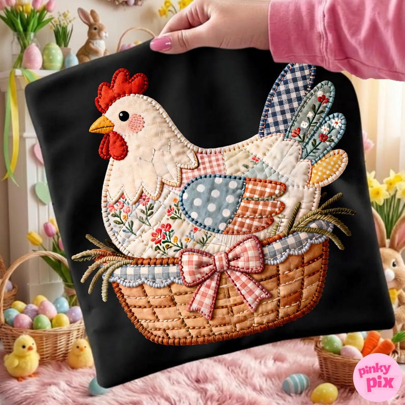 Op de afbeelding: Zwart kussen met een patchwork kippenontwerp. De kip heeft een rode kam en lellen, met bloemen- en stippenpatronen. Hij zit in een mand met een ruitjesstrik. Het kussen wordt door een persoon vastgehouden.