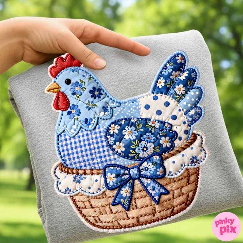 May include: A fabric applique of a patchwork chicken in a woven basket. The chicken is blue with floral and gingham patterns, a red comb and wattle, and a yellow beak. The basket has a blue bow with white floral accents.