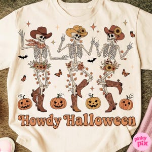 Howdy Halloween Skeleton Png, Country Pumpkin Fall Shirt Png, Western Fall Dancing Skeletons Png, Vintage Cowgirl Halloween Sublimation Png