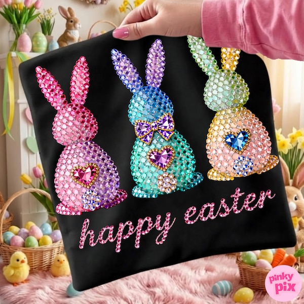 Rhinestone Happy Easter Bunny PNG: Sparkle Bling Crystal Mosaic Jewel Diamond, Trending Digital Download