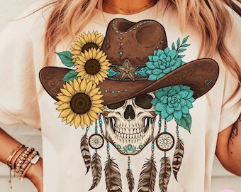 Western Skull PNG, Boho Cowgirl Sublimation Design, Floral Cowboy Hat Skull Clipart, Sunflower Country Skull PNG for Shirt