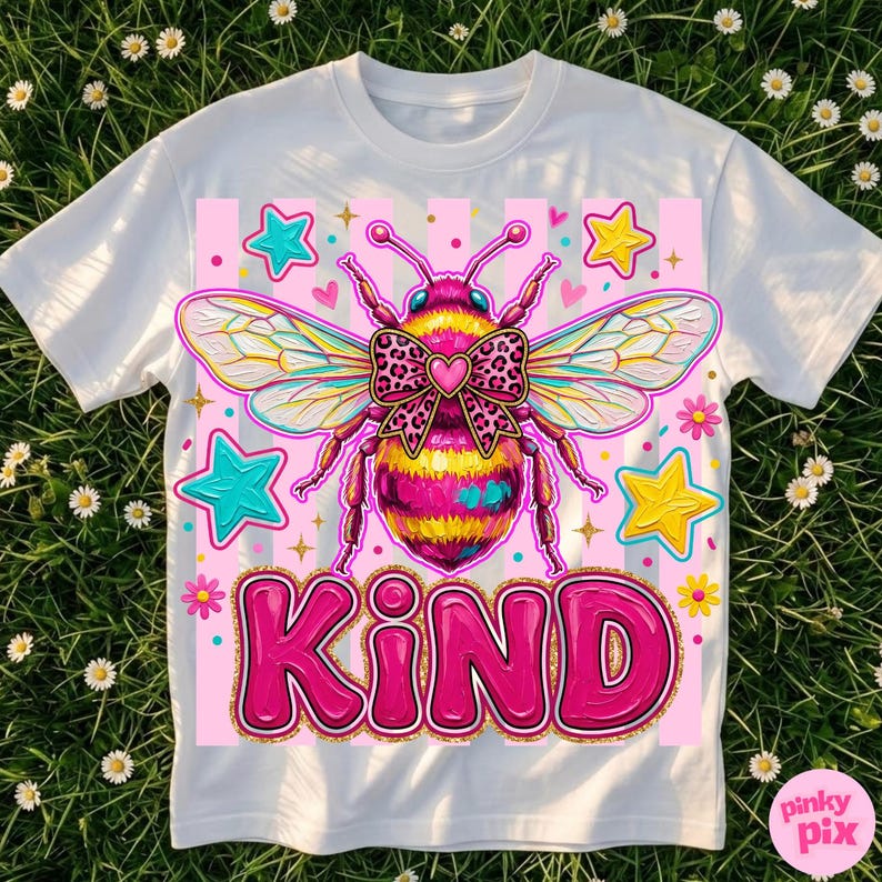 May include: White t-shirt featuring a colorful bee design with a bow and the word "KIND" in pink. The bee has yellow, pink, and black stripes. The design includes stars and flowers on a pink background.