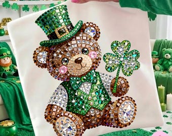 Rhinestone St Patricks Day Teddy Bear PNG: Bling Sparkle Mosaic Jewel Crystal DTF Design