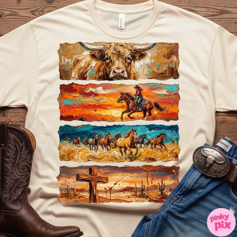 May include: Cream-colored t-shirt featuring a Western-themed design. The artwork includes a longhorn, a rider on horseback, a herd of horses, and a cross in a desert landscape. The design is in a painterly style.