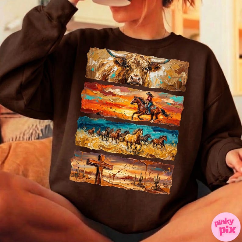 May include: Brown sweatshirt featuring a four-panel design with a Western theme. The panels depict a longhorn, a cowboy on horseback, a herd of horses, and a desert scene with a cross. The artwork uses a textured, painted style.
