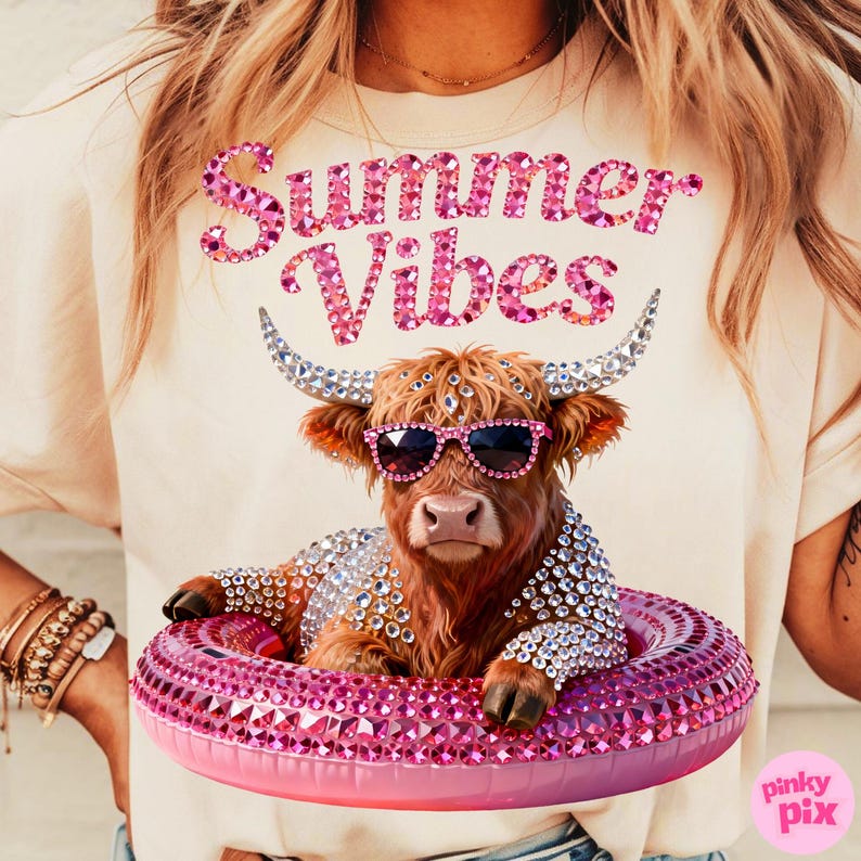 May include: Cream-colored t-shirt with the text "Summer Vibes" in pink glitter lettering. The shirt features a Highland cow wearing sunglasses and a bejeweled floatie. The cow is adorned with rhinestones and has silver horns.