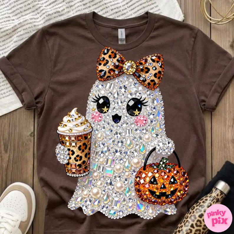 Może przedstawiać: Ciemnobrązowy t-shirt z grafiką ducha pokrytego przezroczystymi, opalizującymi i perłowymi dżetami. Duch ma na sobie kokardę w panterkę, trzyma kubek do kawy w panterkę i niesie wiaderko w kształcie dyni ozdobione pomarańczowymi kamieniami.