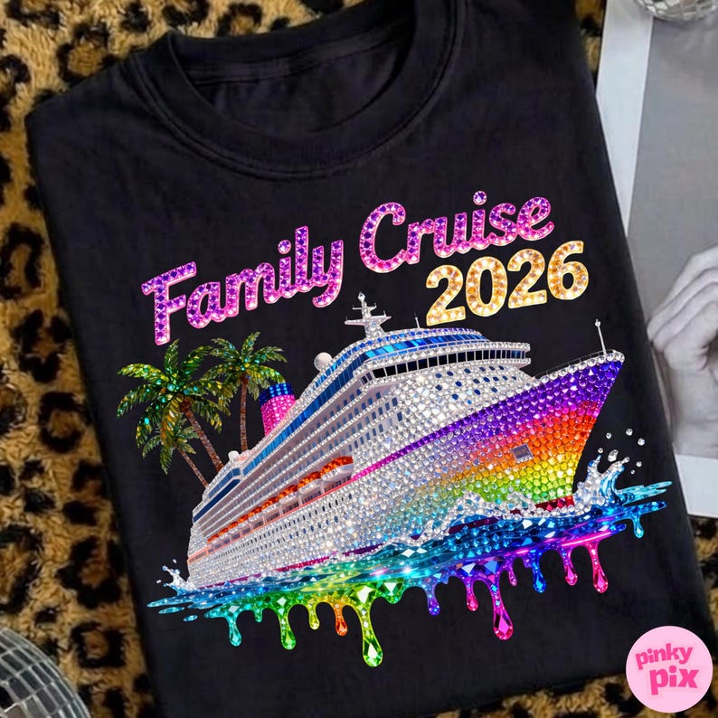 Op de afbeelding: Zwart T-shirt met een cruiseschipontwerp. Het schip is versierd met strass-steentjes en heeft een regenboogkleurige boeg. De tekst "Family Cruise 2026" wordt in glinsterende letters boven het schip weergegeven. Palmbomen staan aan de linkerkant.