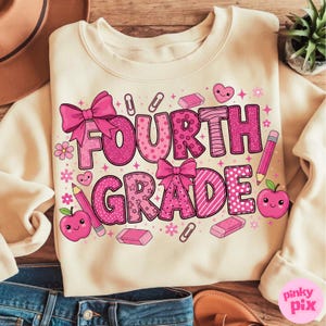 Coquette Fourth Grade Png, 4th Grade Png, Girly Preppy Back To School Shirt Png, Pink Bow School Png, Girly First Day Of School Sublimation