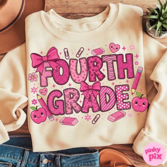 Coquette Fourth Grade Png, 4th Grade Png, Girly Preppy Back To School Shirt Png, Pink Bow School Png, Girly First Day Of School Sublimation