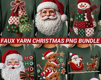Faux Yarn Christmas PNG Bundle: Crochet Santa, Reindeer, Snowman, Cow and Tree Sublimation Design
