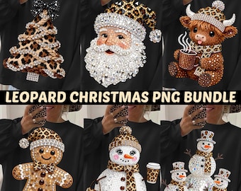 Leopard Christmas PNG Bundle: Rhinestone Santa, Snowman, Gingerbread, Boujee Cow, Sparkle Holiday Tree Design