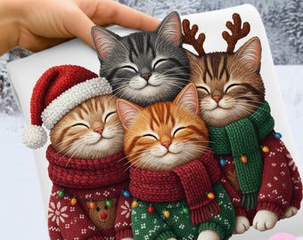 フェイクヤーンのクリスマス猫PNG：かぎ針編みの子猫の冬の昇華デザイン、心地よいニットのデジタルダウンロード