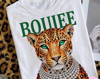 Boujee Leopard Cheetah PNG: Rhinestone Diamond Necklace Luxury Wild Cat Glam DTF Digital Download