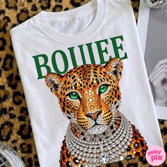 Boujee Leopard Cheetah PNG: Rhinestone Diamond Necklace Luxury Wild Cat Glam DTF Digital Download