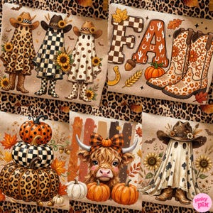 Western Fall Halloween PNG-paket: Leopardmönster, rutigt penseldrag, boho blommönster, trendigt digitalt nedladdning