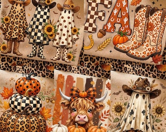 Zestaw Western Fall Halloween PNG: Wzór w kratkę w panterkę, pociągnięcia pędzlem, boho, kwiatowy, modny, cyfrowy do pobrania