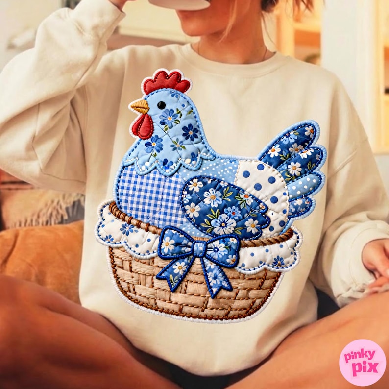Patchwork Grandmacore Chicken Cottagecore Png, Checkered Gingham Faux Embroidery Coquette Bow Sublimation Design image 7