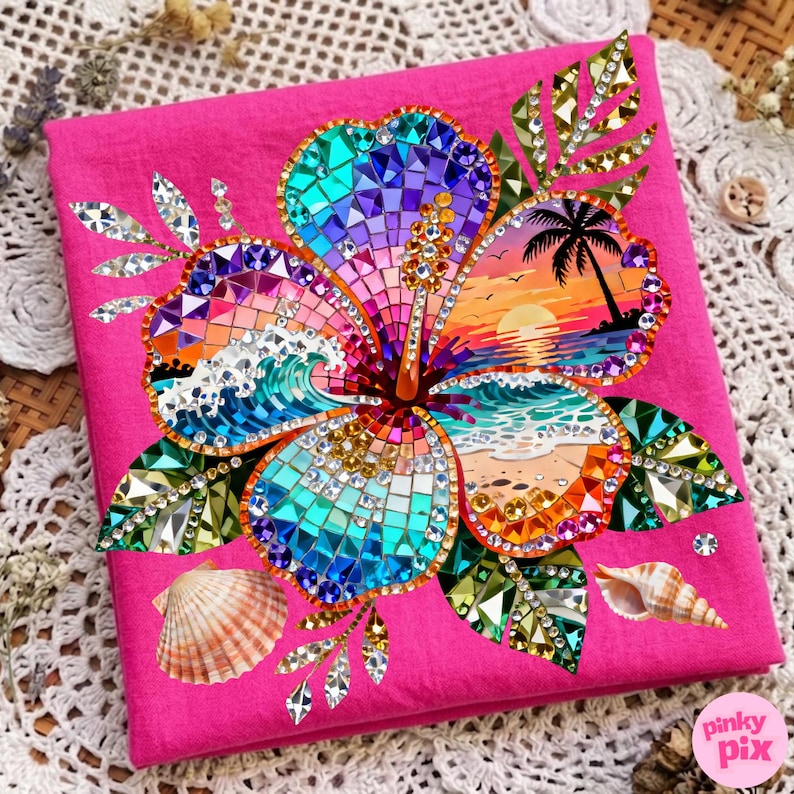 May include: A hot pink square textile features a mosaic-style hibiscus flower design. The flower incorporates beach scenes, waves, and a sunset. Embellishments include rhinestones and seashells. The text "pinky pix" is in the lower right corner.