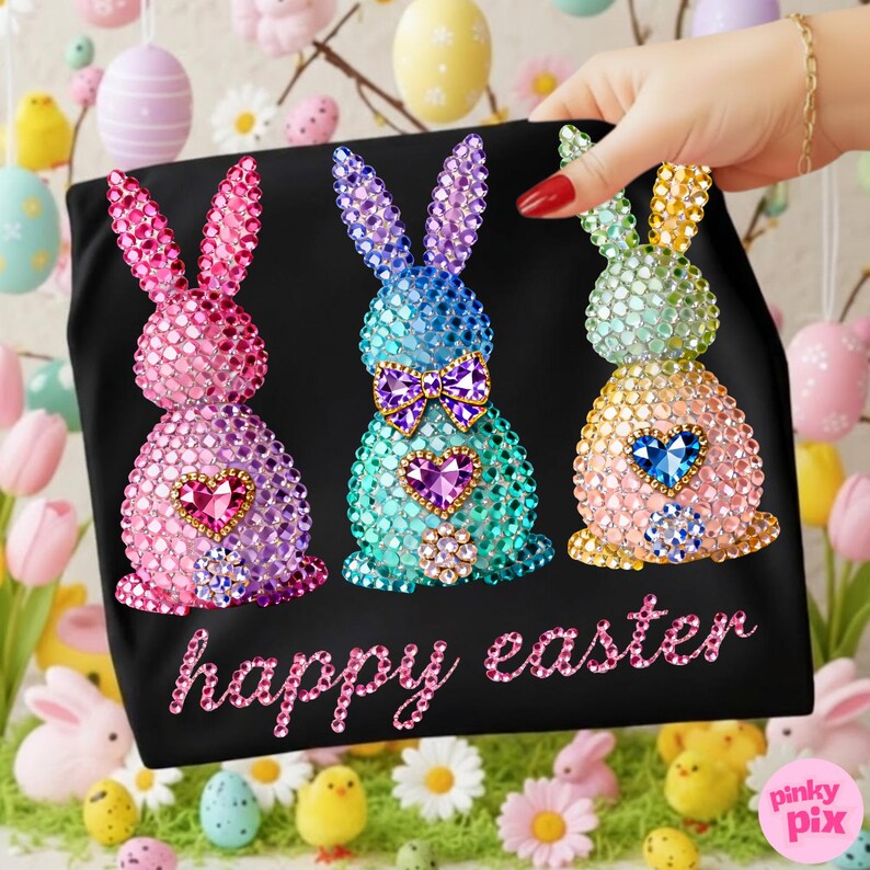 May include: Black t-shirt featuring three beaded Easter bunny designs in pink, blue, and yellow. Each bunny has a heart-shaped gem and the words "happy easter" in pink script. The image is festive and spring-themed.