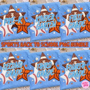 May include: A light blue fabric background featuring six repeating graphic designs of a brown football star, an orange basketball star, and a white baseball star with red stitching. Each design includes blue text reading Pre-K, Kindergarten, First Grade, Second Grade, Third Grade, and Fourth Grade.