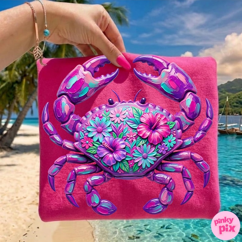 May include: A hot pink tote bag featuring a vibrant crab design. The crab is adorned with colorful flowers in shades of pink, purple, and teal. The background shows a tropical beach scene with palm trees and ocean.