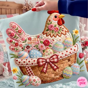 May include: A light blue decorative pillow featuring an embroidered hen design with a basket of Easter eggs. The hen is adorned with floral patterns and the basket has a red and white checkered bow. The pillow is a charming Easter decoration.