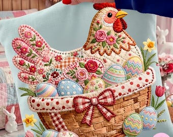 Floral Patchwork Easter Chicken PNG: Farmhouse Gingham Grandmacore Cottagecore Coquette Bow Sublimation Design