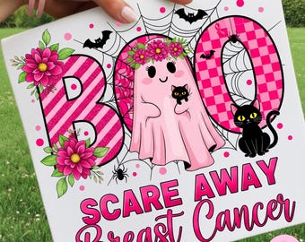 Boo Scare Away Breast Cancer Png, Breast Cancer Awareness Halloween Ghost Png, Pink Ribbon Support Shirt Design, Cute October Sublimation