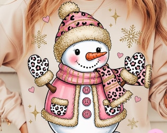 Pink Snowman PNG: Leopard Glitter Christmas Sublimation Design