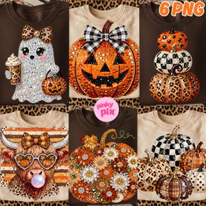 Könnte beinhalten: Eine Sammlung von sechs digitalen Designs mit Halloween-Motiven, darunter ein mit Strasssteinen verzierter Geist mit Kaffeebecher, ein Kürbis mit karierter Schleife, gestapelte Kürbisse, ein Hochlandrind mit Herzbrille, ein Blumenkürbis und Kürbisse.