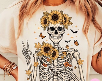 Herbst Boho Halloween Blumenskelett Png, gruseliges Skelett Lustiges Halloween Sonnenblume Herbst Sublimation Design, Retro Herbst Schädel Hemd Png