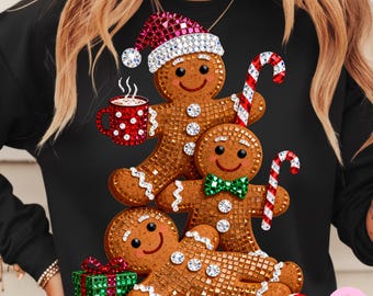 Gingerbread PNG: Faux Rhinestone Christmas Cookie Family Bling Festive Holiday DTF Shirt Design