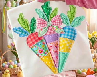 Patchwork Blumen Ostern Karotte PNG: Oma Kern Kokette Bogen Gingham kariert Sublimationsentwurf