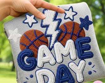 Faux Yarn Game Day Basketball PNG: Royal Blue and White Crochet Sports Sublimation Design