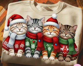 フェイクヤーンのクリスマス猫PNG：かぎ針編みの子猫のホリデー昇華デザイン、心地よいニットデジタルダウンロード