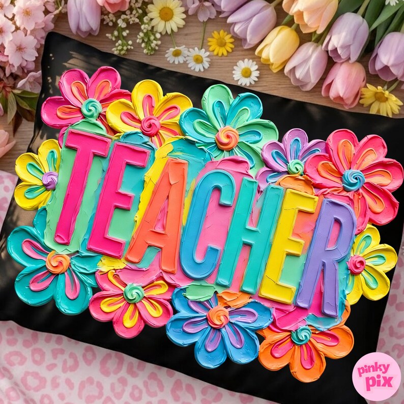 May include: Black pillow with the word "TEACHER" in colorful, raised letters, surrounded by vibrant, textured flowers in shades of pink, yellow, blue, and orange. The pillow is a decorative item.