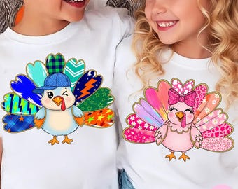 Boy Girl Turkey Little Kids Fall Thanksgiving Png, Matching Turkey Kids Autumn Boy Girl Png, Glitter Brushstroke Cute Fall Kids Sublimation