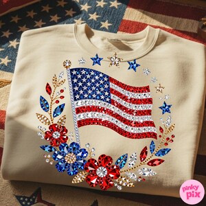 4th of July PNG| Rhinestone American Flag Floral Stars DTF Design| Trending Digital Download image 14
