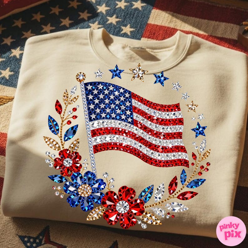 4th of July PNG| Rhinestone American Flag Floral Stars DTF Design| Trending Digital Download image 14