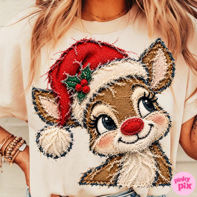 Christmas Reindeer PNG: Distressed Faux Fabric Ripped Reverse Applique ...