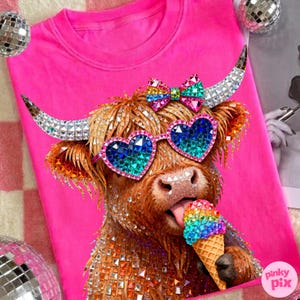 May include: A hot pink t-shirt featuring a rhinestone-covered Highland cow wearing heart-shaped sunglasses and a bow. The cow is licking a rainbow ice cream cone. The image includes disco balls and the text "pinky pix".