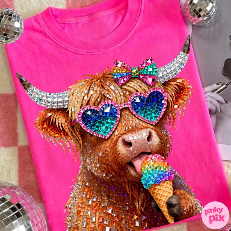 May include: A hot pink t-shirt featuring a rhinestone-covered Highland cow wearing heart-shaped sunglasses and a bow. The cow is licking a rainbow ice cream cone. The image includes disco balls and the text "pinky pix".