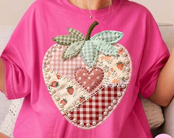 Patchwork Strawberry PNG: Coquette Grandmacore Pearl Cottagecore Summer Gingham Embroidery Heart Floral Sublimation Design