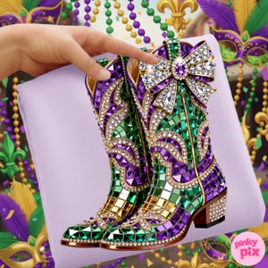 May include: A pair of embellished cowboy boots in green, purple, and gold mosaic design. The boots feature a large jeweled bow and are adorned with sparkling crystals. The heels are also embellished with crystals.