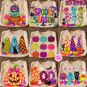 May include: A collection of nine digital graphic designs featuring Halloween themes including pumpkins, skeletons, ghosts, and cats in vibrant neon colors with patterns like leopard print, checkers, and polka dots on a beige background.