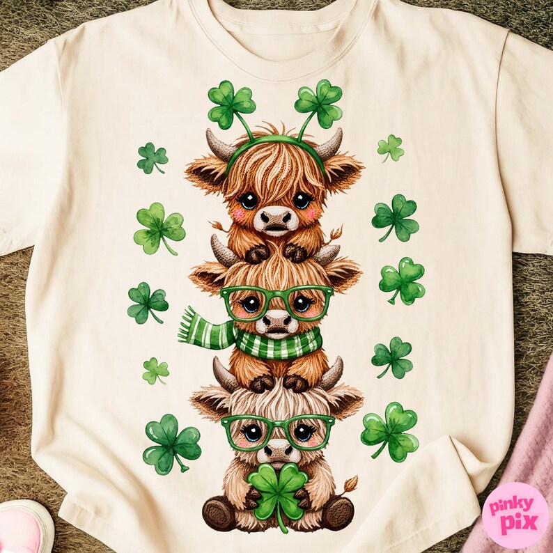 May include: Cream-colored t-shirt featuring a stack of three Highland cows, each adorned with St. Patrick's Day accessories. The top cow wears a shamrock headband, the middle cow has a green scarf and glasses, and the bottom cow holds a shamrock. Green shamrock accents are scattered around.